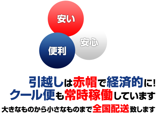 安い　便利　安心　引越しは赤帽で経済的に！クール便も常時稼働しています。大きいものから小さなものまで全国配送致します